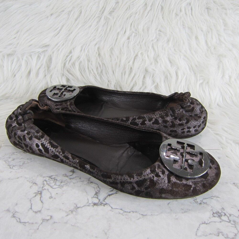 Tory Burch Reva Flats Iridescent Leopard Print Brown Silver Size US 9
